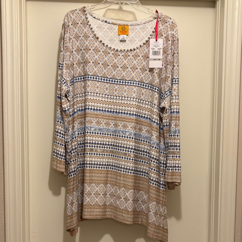 Ruby Rd. Geometric Print Tunic - Blue, Brown, White